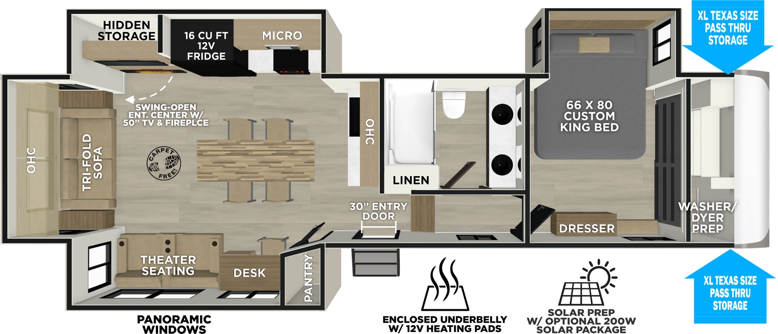 The Heritage Glen Fifth Wheels 321DRL floorplan has one entry and three slide outs. Exterior features include: fiberglass exterior. Interiors features include: kitchen island, front bedroom and rear living.